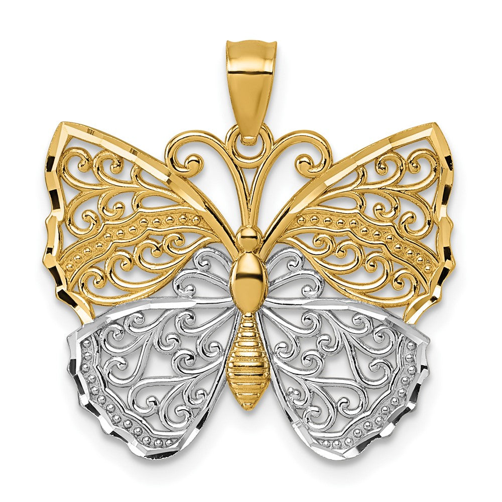 14k & Rhodium Textured Fancy Butterfly Pendant