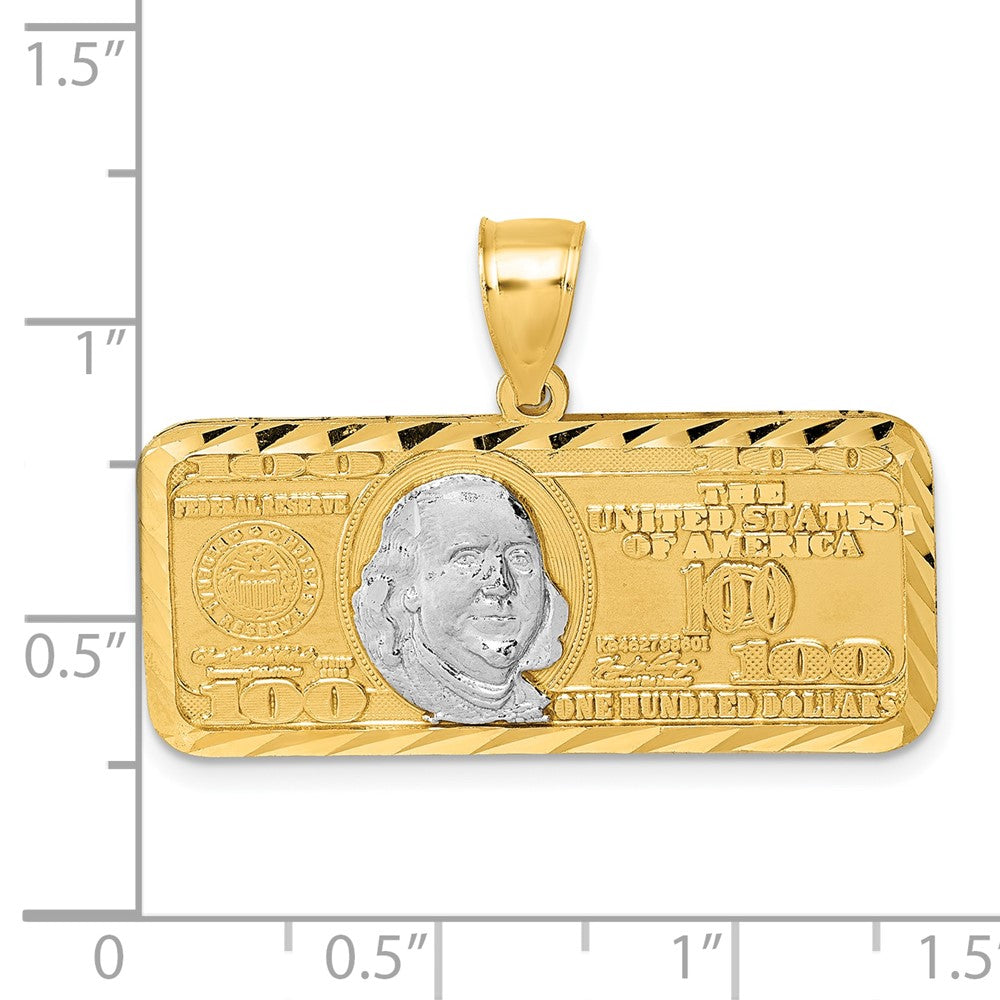 14k Polished w/Rhodium Diamond-cut 100 Dollar Bill Pendant