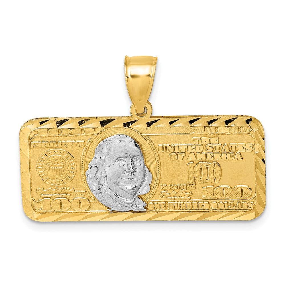 14k Polished w/Rhodium Diamond-cut 100 Dollar Bill Pendant
