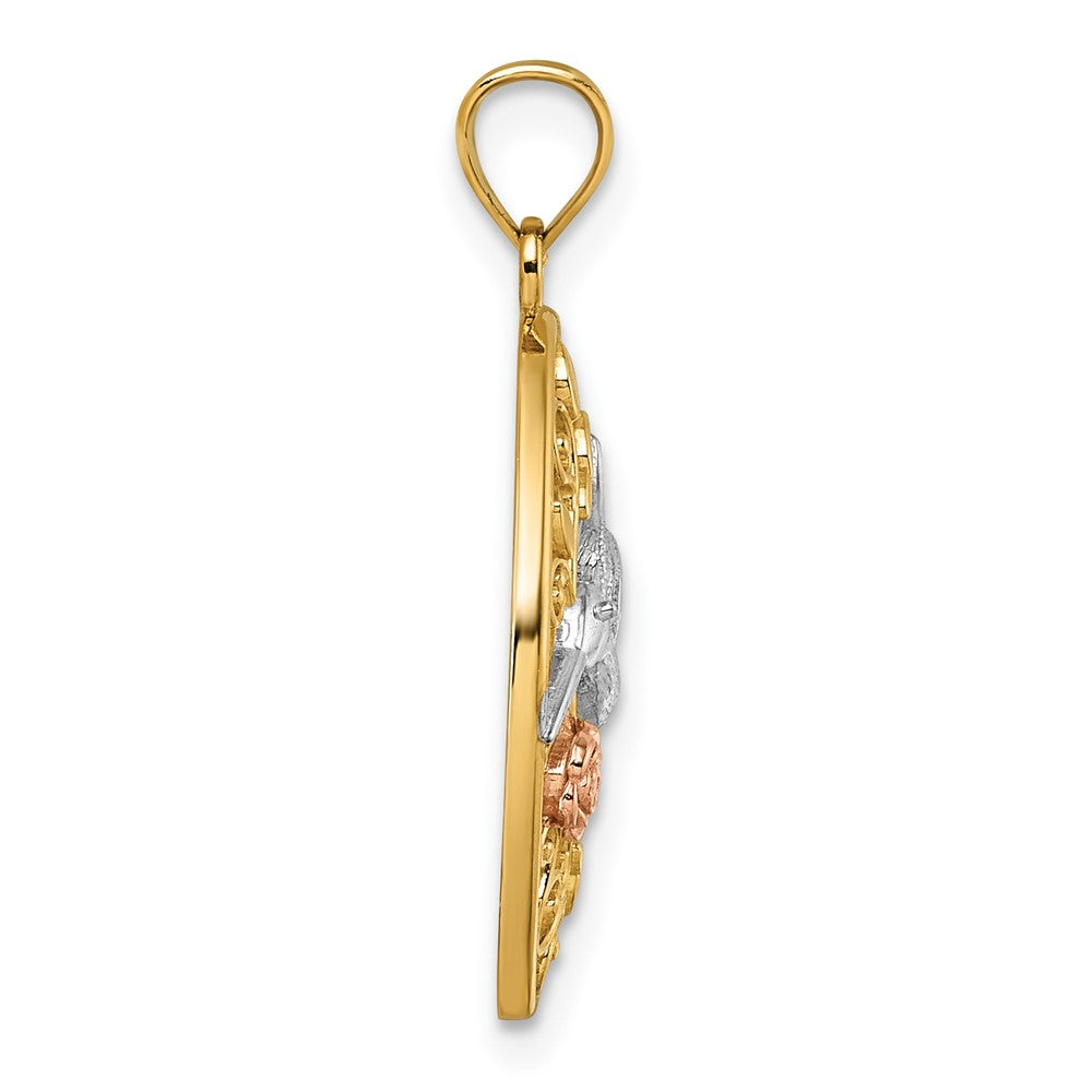 14k Two-tone w/White Rhodium Polished Humming Bird & Flower Pendant