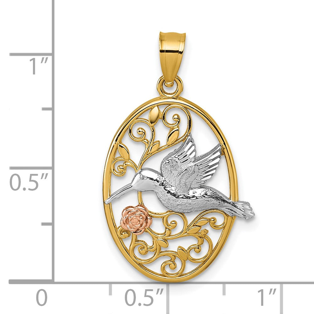 14k Two-tone w/White Rhodium Polished Humming Bird & Flower Pendant