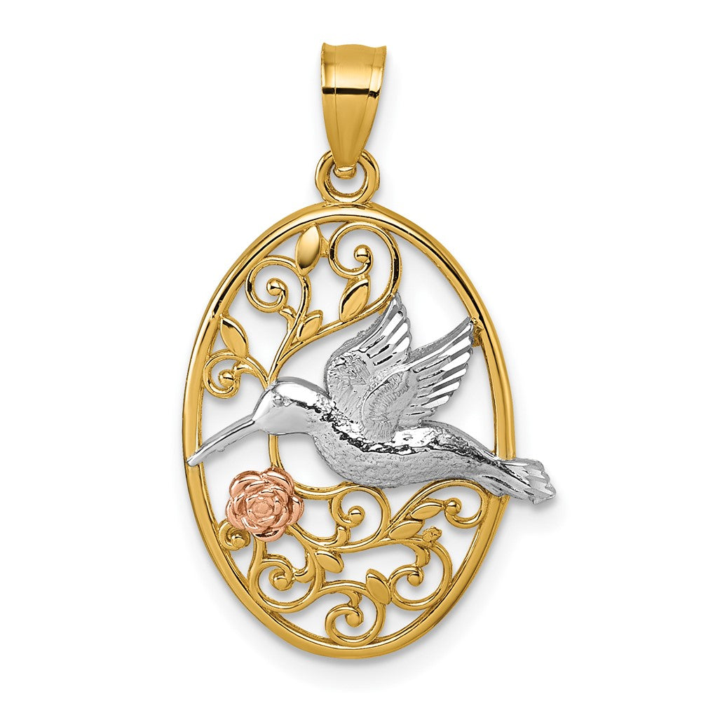 14k Two-tone w/White Rhodium Polished Humming Bird & Flower Pendant
