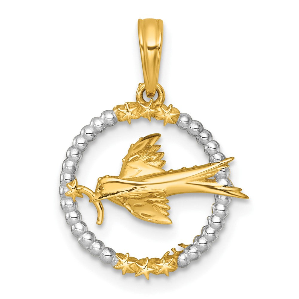 14k with White Rhodium Polished Flying Bird In Circle With Stars Charm