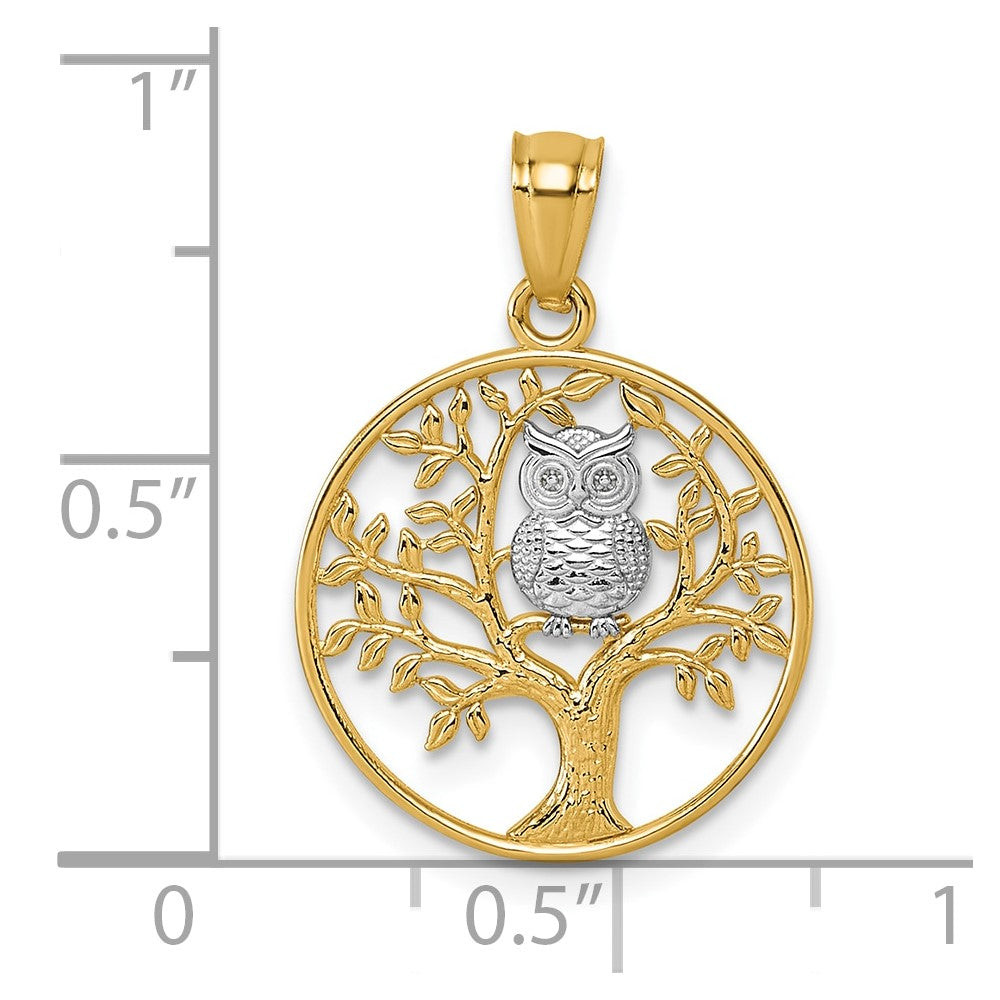 14k and Rhodium Textured Owl Sitting In Tree In Circle Pendant