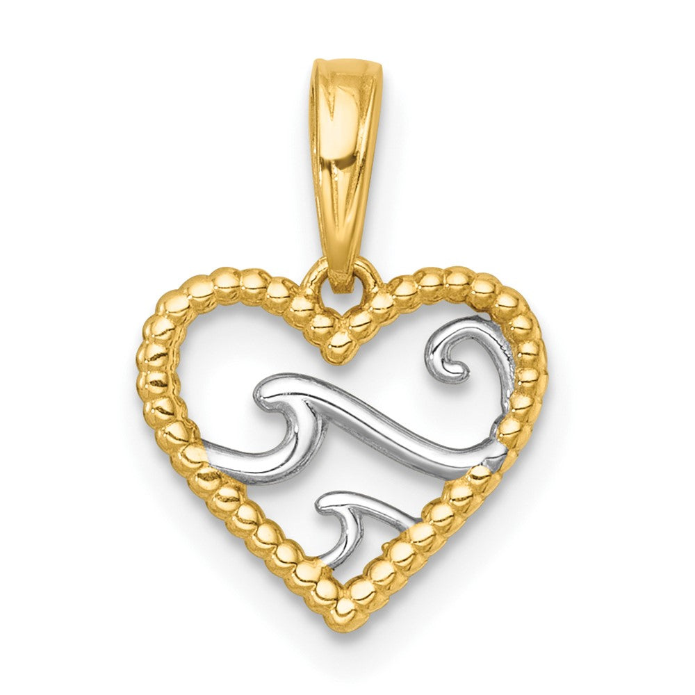 14k with White Rhodium Polished Waves In Heart Charm