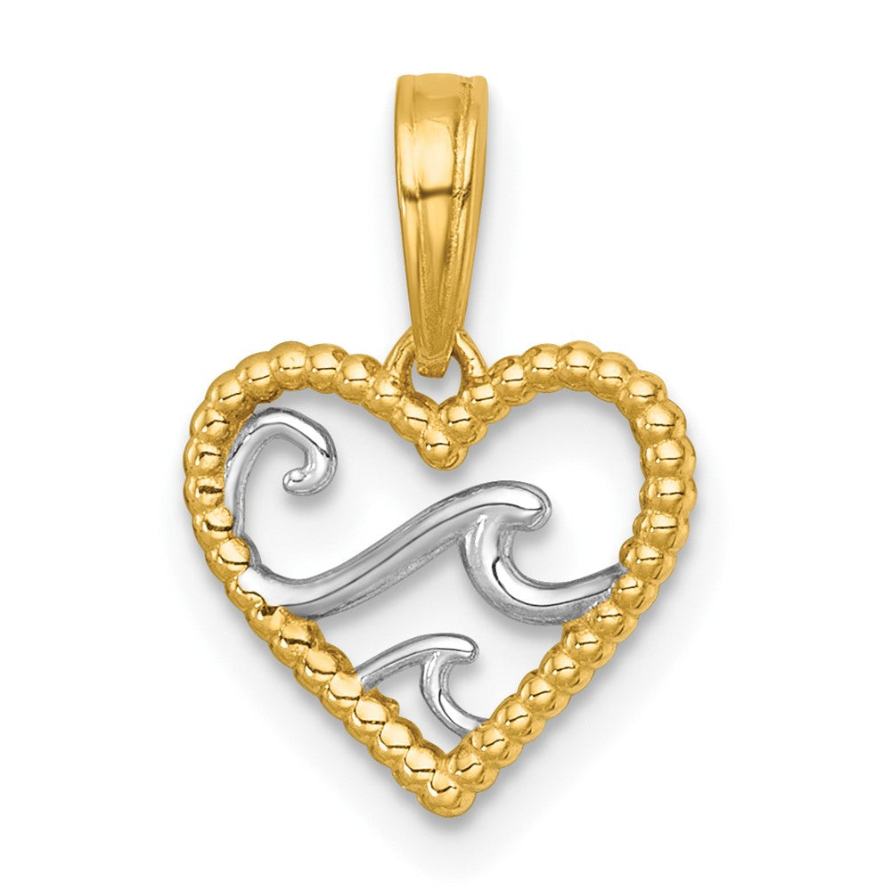 14k with White Rhodium Polished Waves In Heart Charm