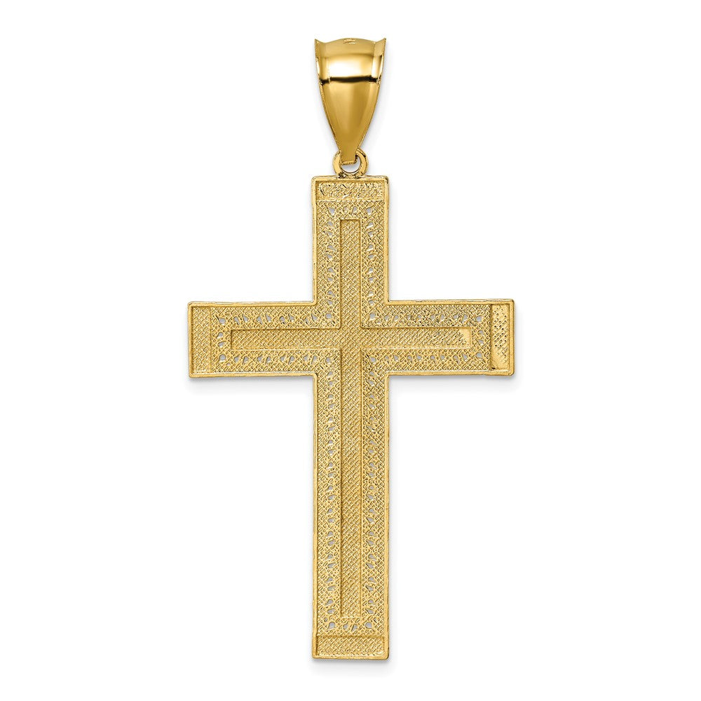14k Polished w/Rhodium Diamond-cut Textured Fancy Cross Pendant