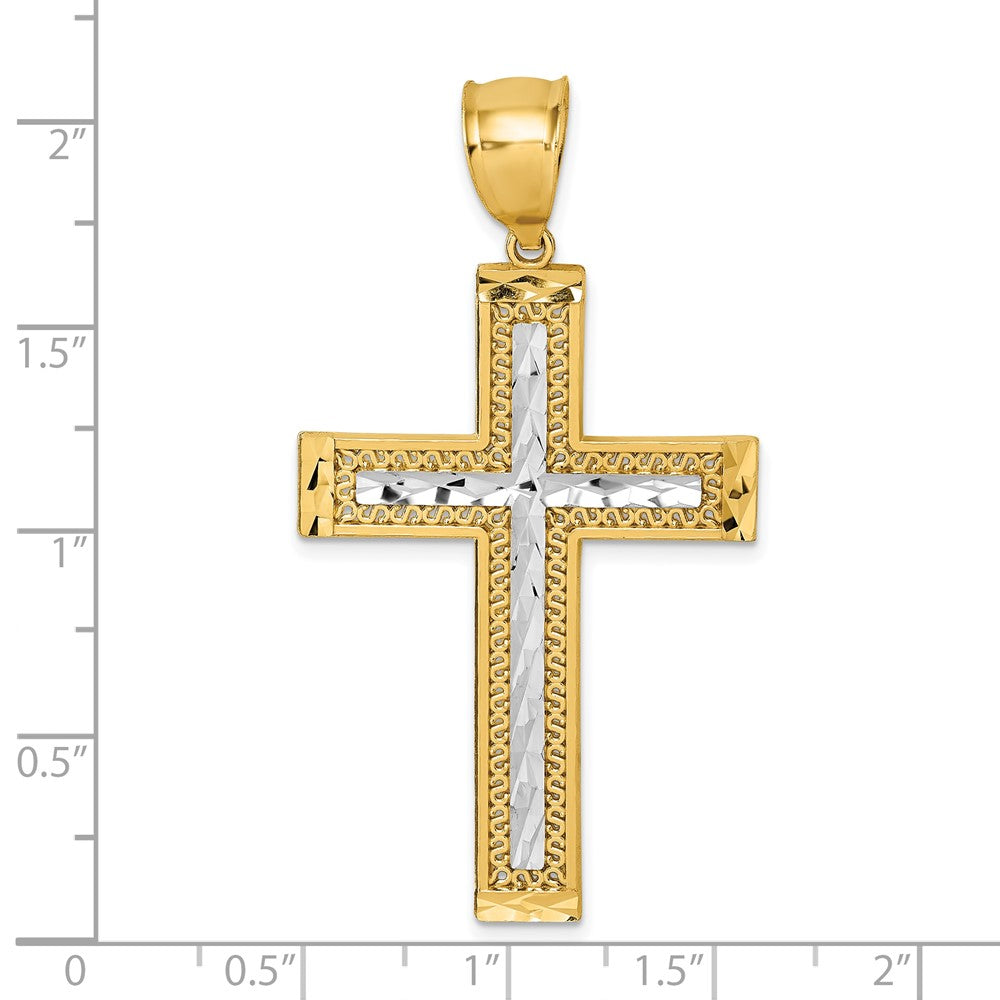 14k Polished w/Rhodium Diamond-cut Textured Fancy Cross Pendant