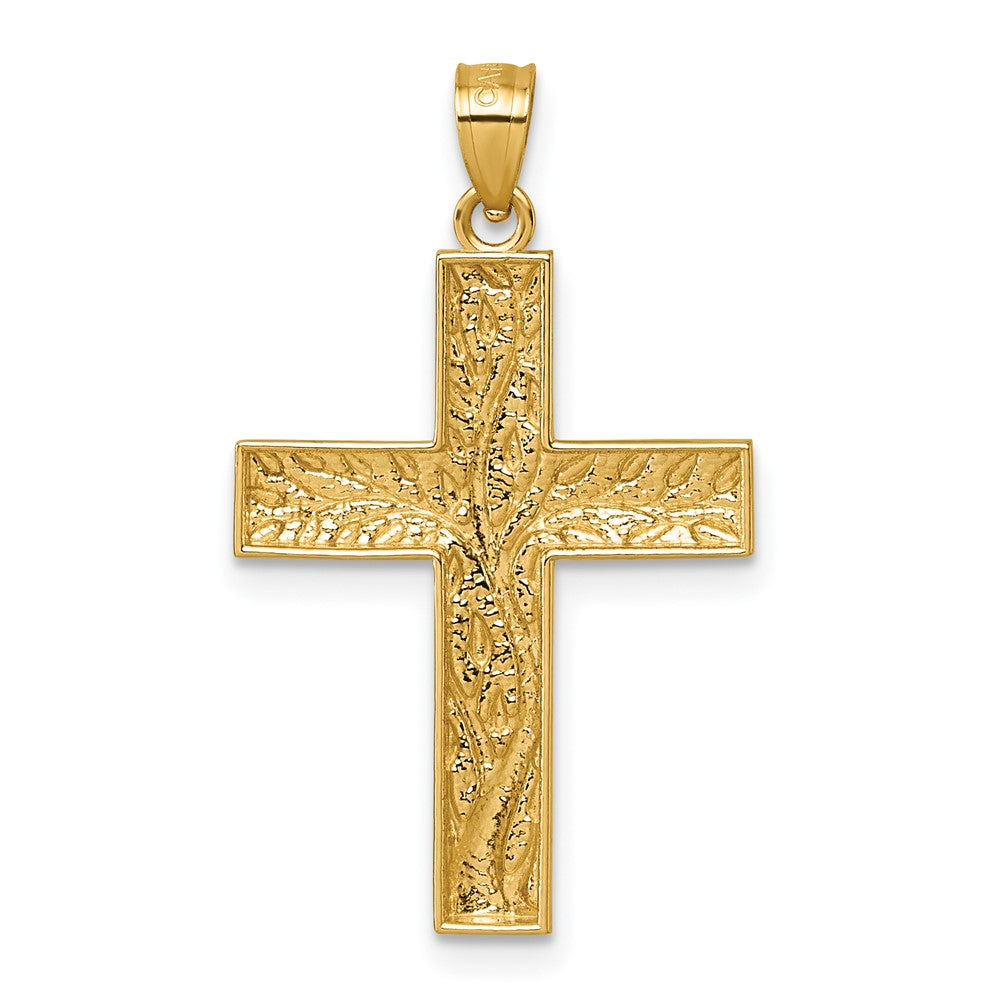 14k & Rhodium Polished Floral Tree Leaves Cross Pendant