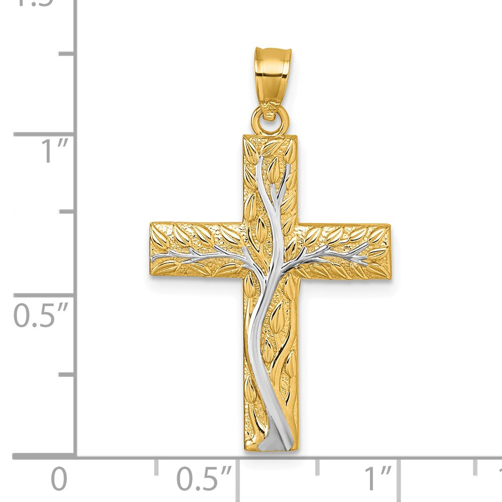 14k & Rhodium Polished Floral Tree Leaves Cross Pendant