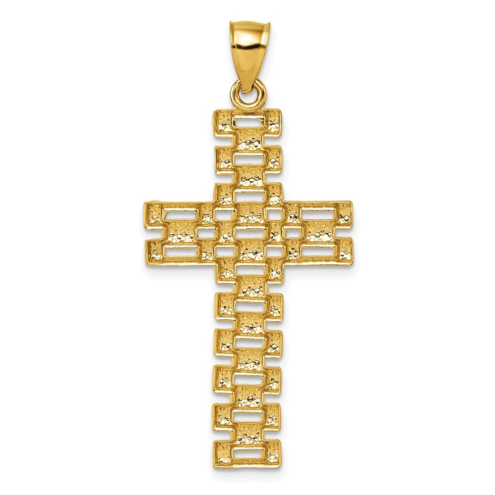14k Polished Diamond-cut Textured Fancy Link Cross Pendant