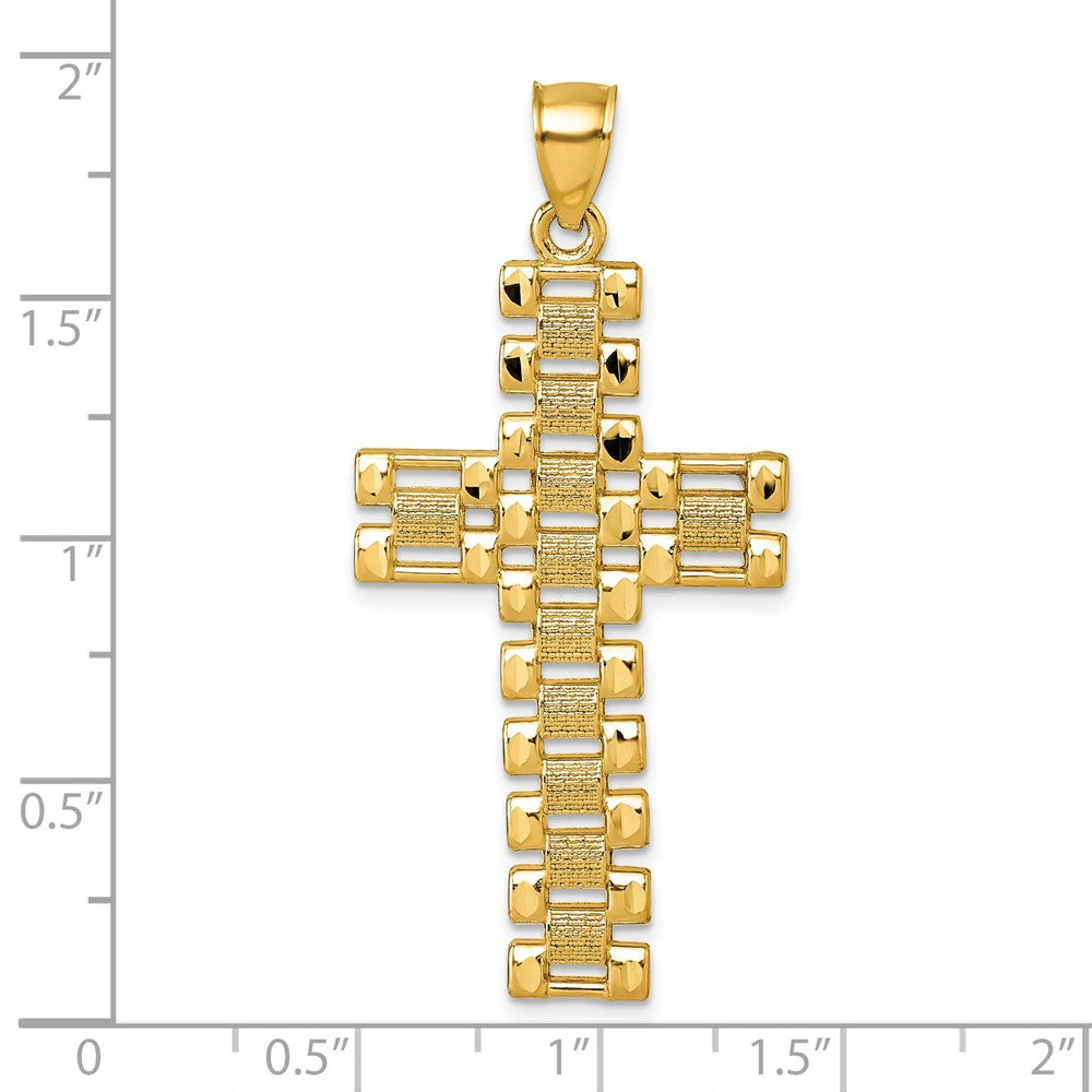 14k Polished Diamond-cut Textured Fancy Link Cross Pendant