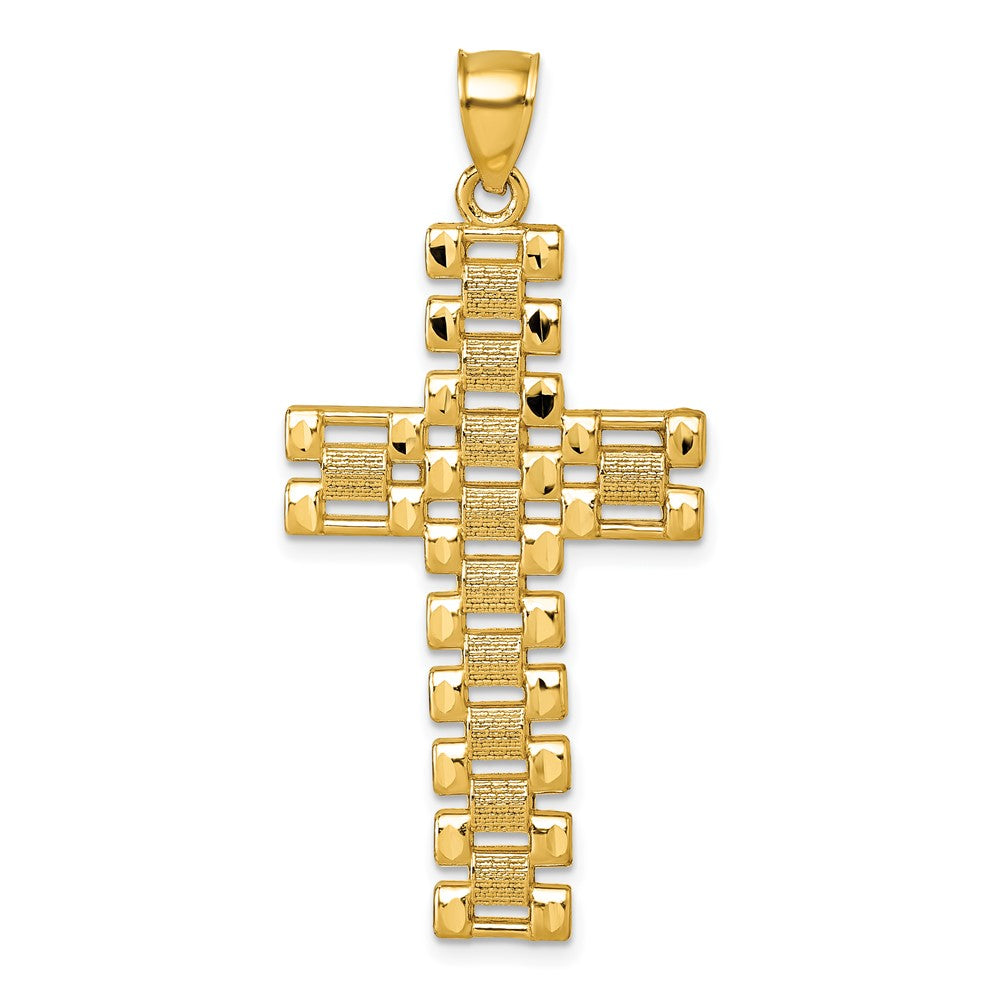 14k Polished Diamond-cut Textured Fancy Link Cross Pendant