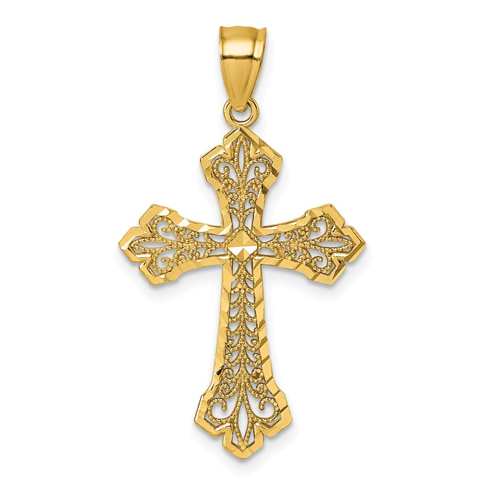 14k Polished Diamond-cut Filigree Textured Fancy Cross Pendant