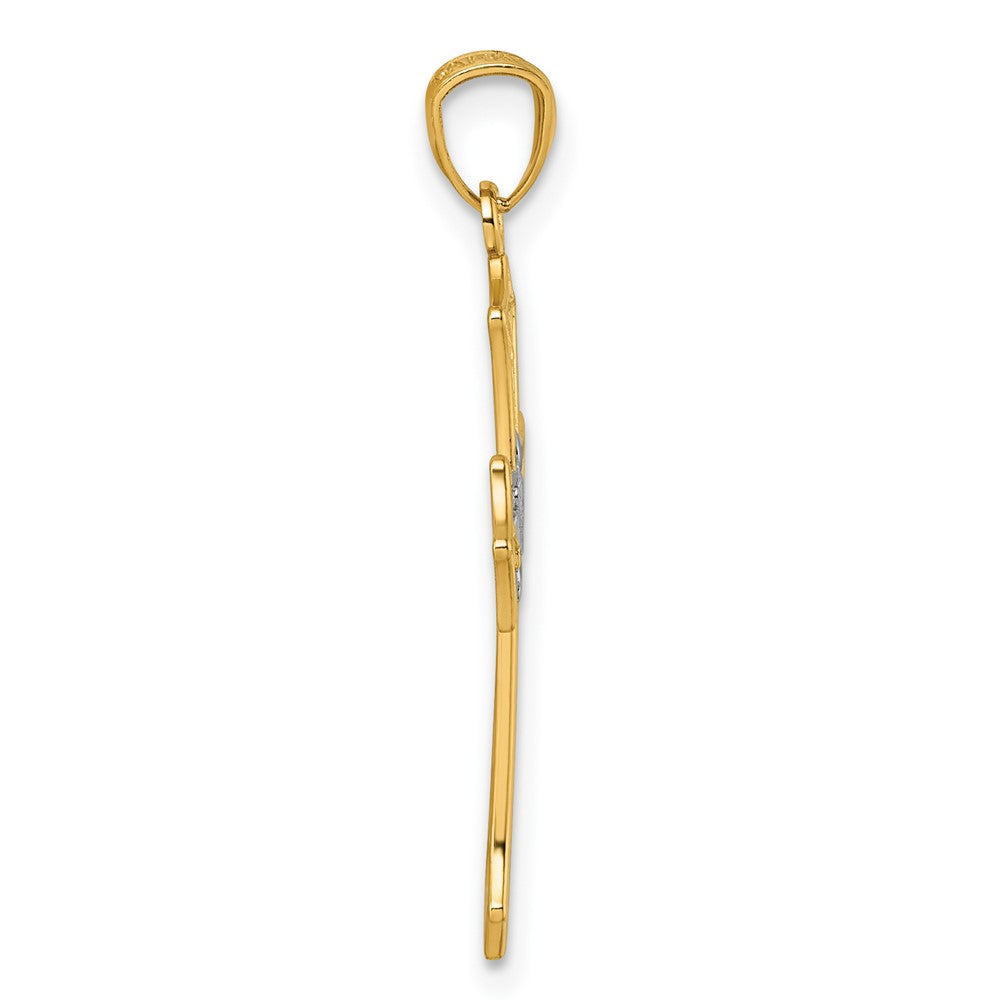 14k and Rhodium Polished Floral Cross Pendant