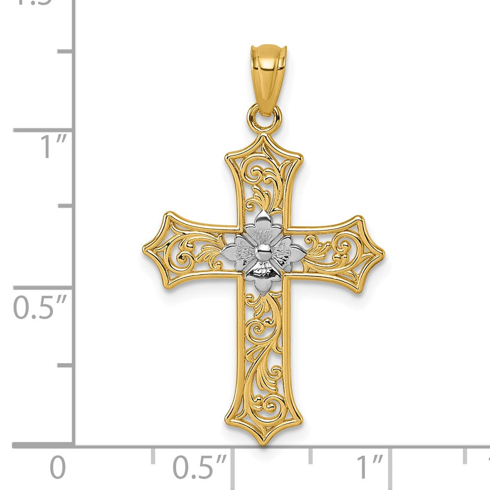 14k and Rhodium Polished Floral Cross Pendant