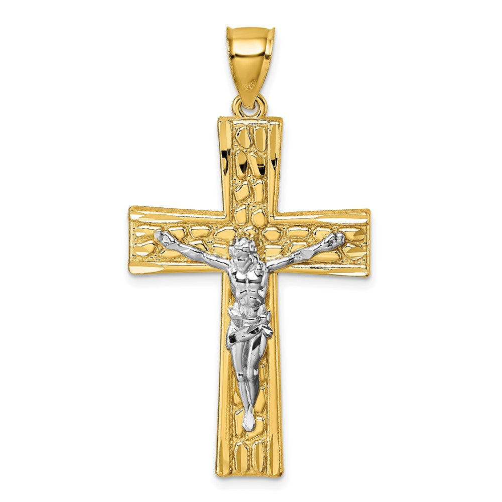 14k w/Rhodium Polished and Diamond-cut Crucifix Pendant