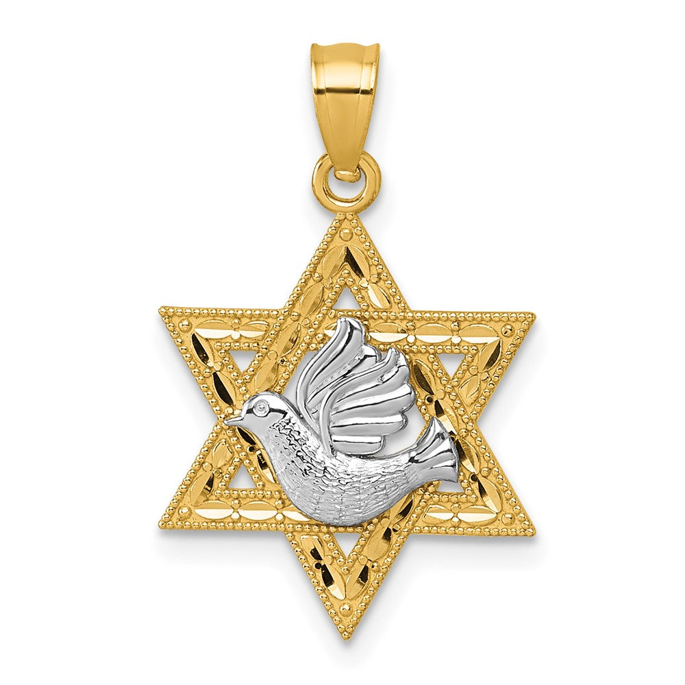 14k Two-tone Textured/Diamond-cut Dove On Star Of David Pendant