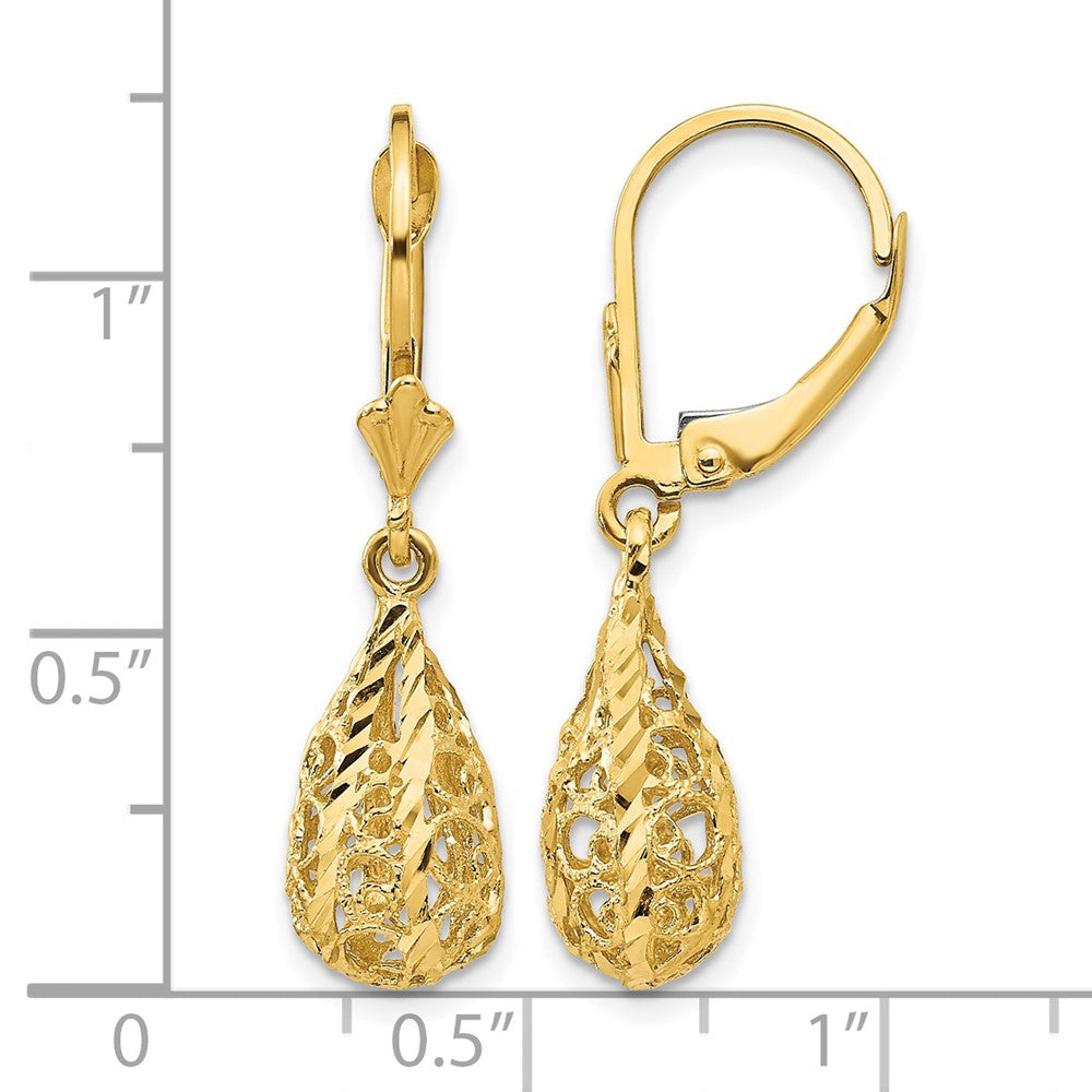 14k Polished Diamond-Cut Filigree Dangle Leverback Earrings