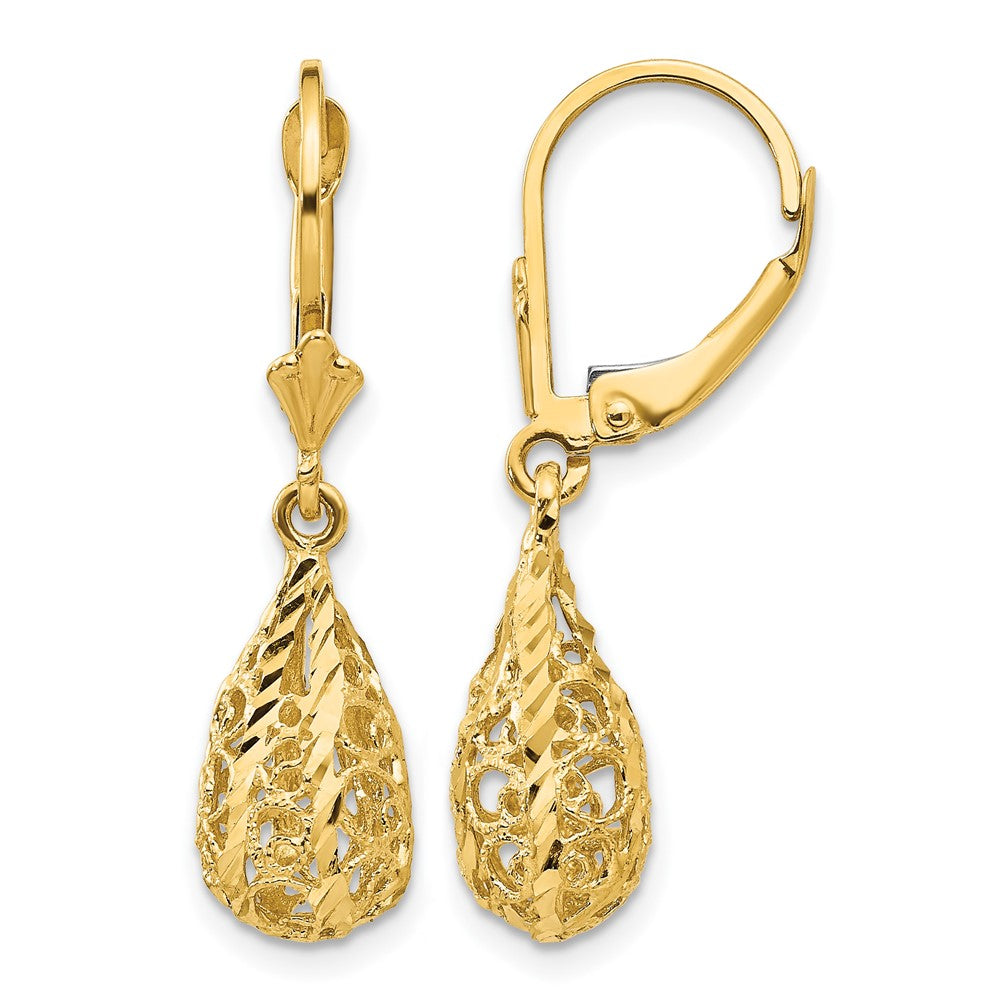 14k Polished Diamond-Cut Filigree Dangle Leverback Earrings