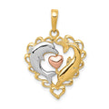 14K Two-Tone w/White Rhodium Dolphins In Heart Pendant