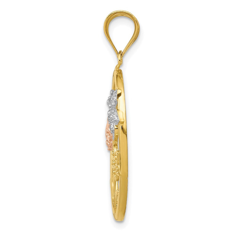 14k Two-tone w/White Rhodium Diamond-cut Oval Floral Pendant