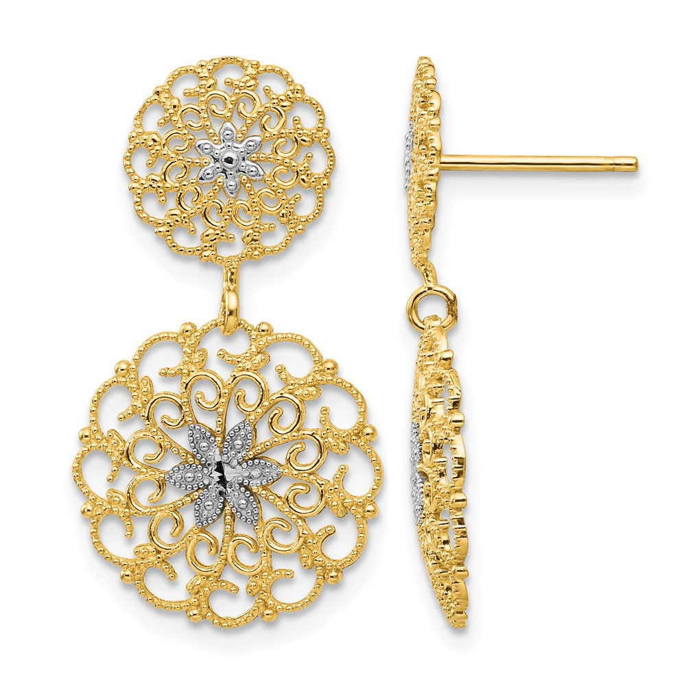 14K w/Rhodium D/C Filigree Medallion Drop Post Earrings