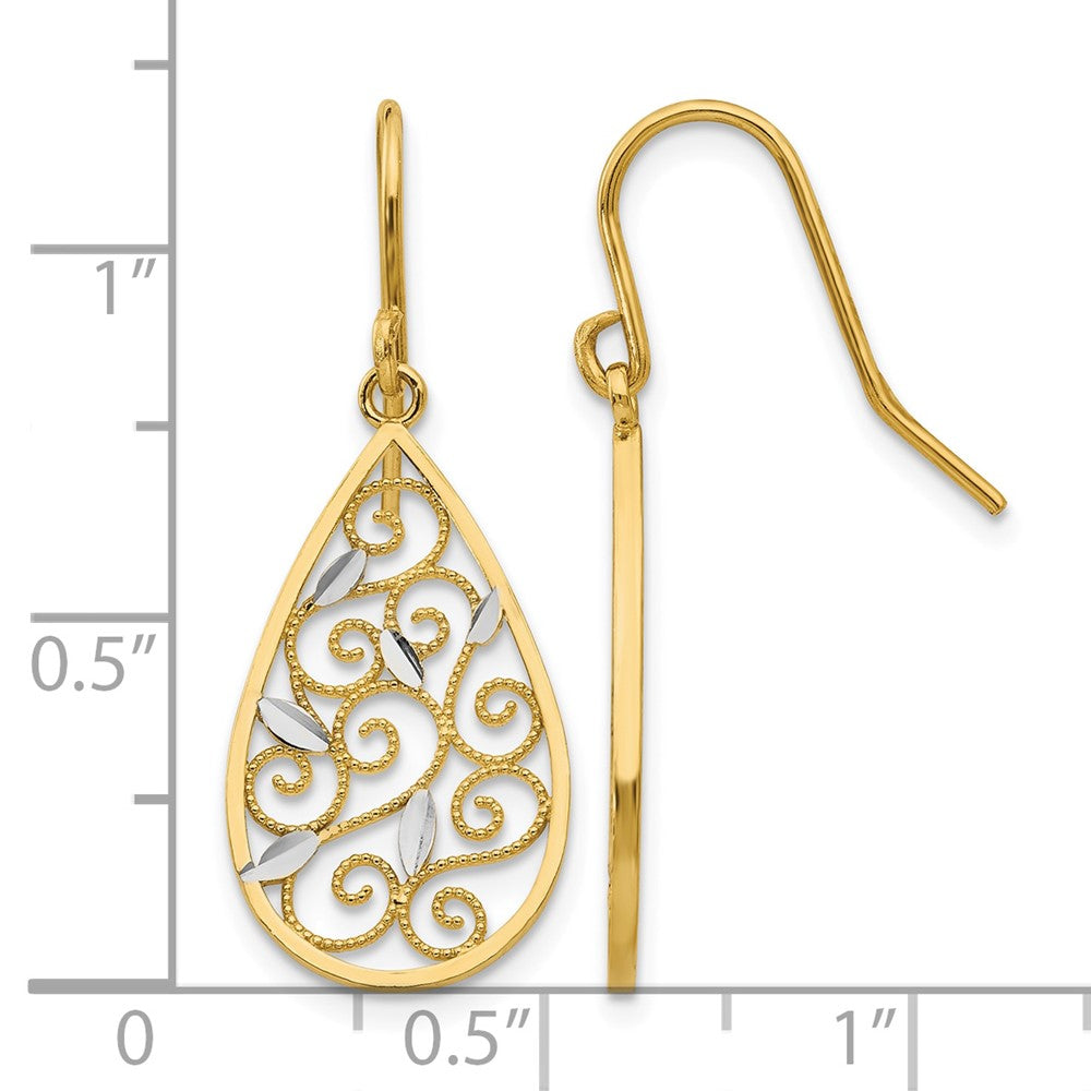 14K White Rhodium Diamond-cut Filigree Teardrop Wire Earrings