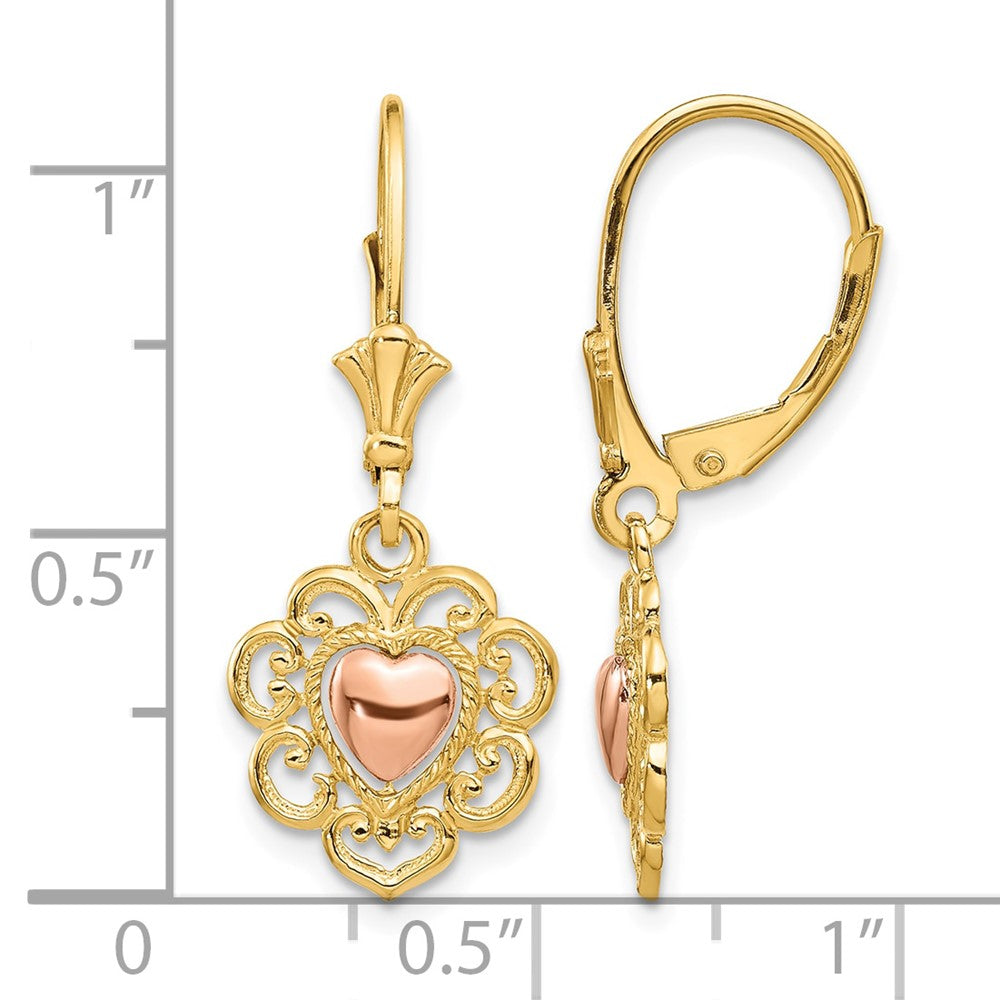 14K Two-tone Heart with Lace Trim Leverback Earrings