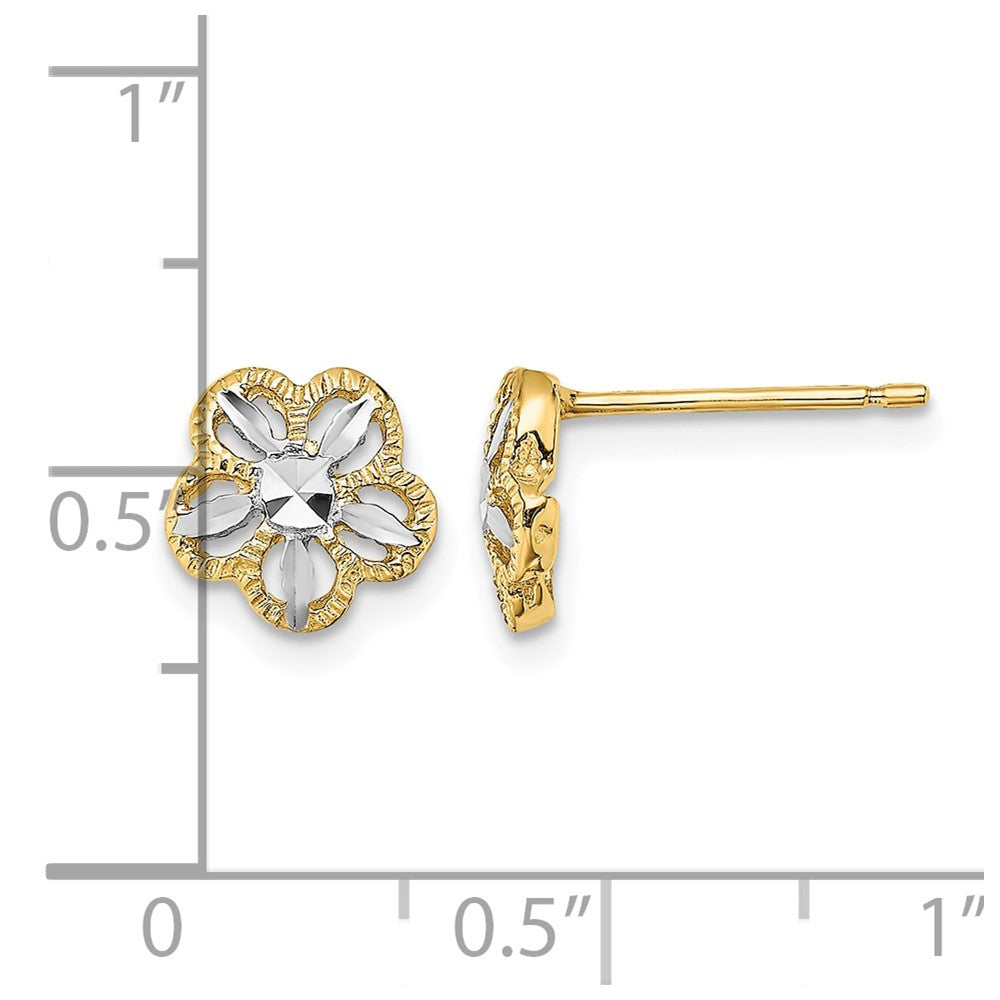 14K w/Rhodium Diamond-cut Flower Post Earrings