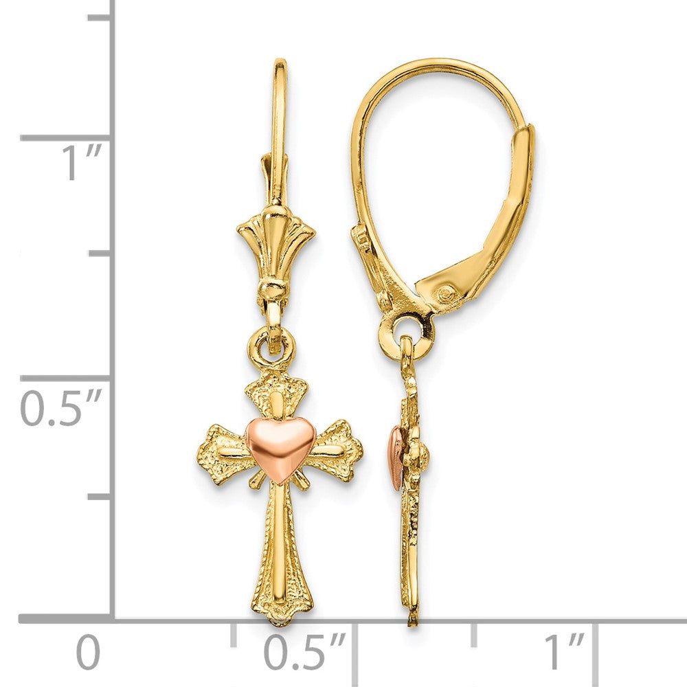 14K Two-tone Heart on Cross Leverback Earrings