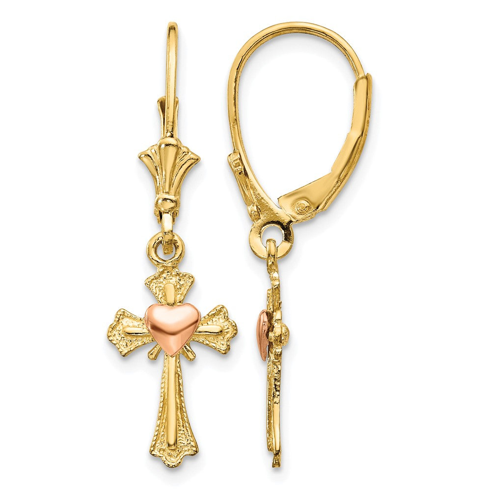 14K Two-tone Heart on Cross Leverback Earrings