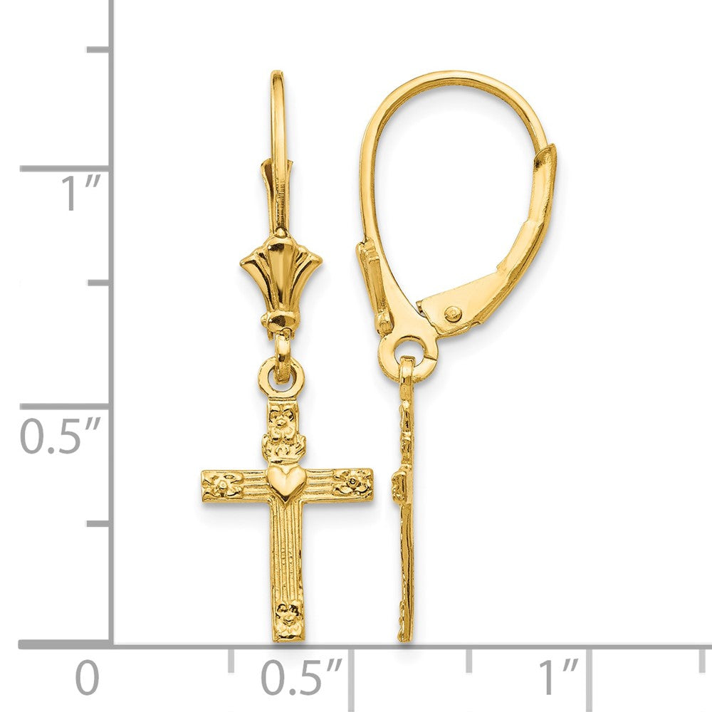 14K Mini Cross with Heart Leverback Earrings