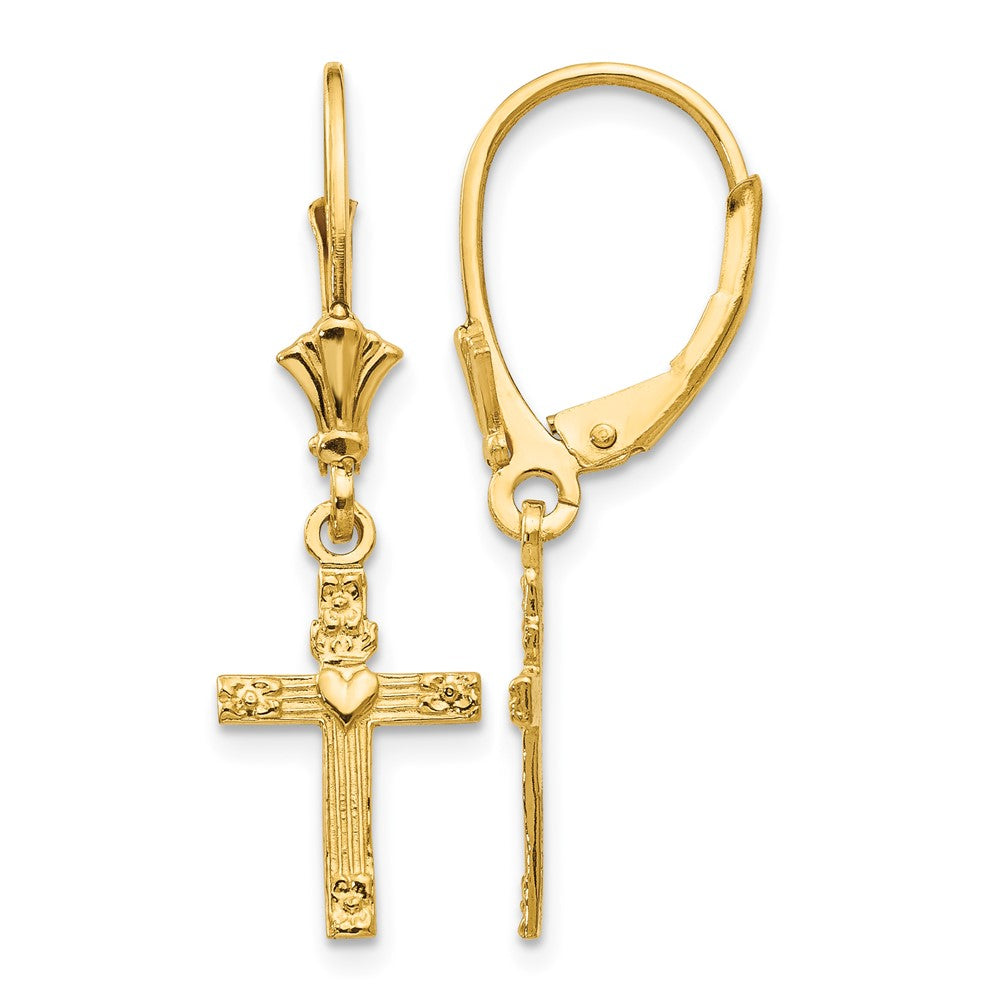 14K Mini Cross with Heart Leverback Earrings