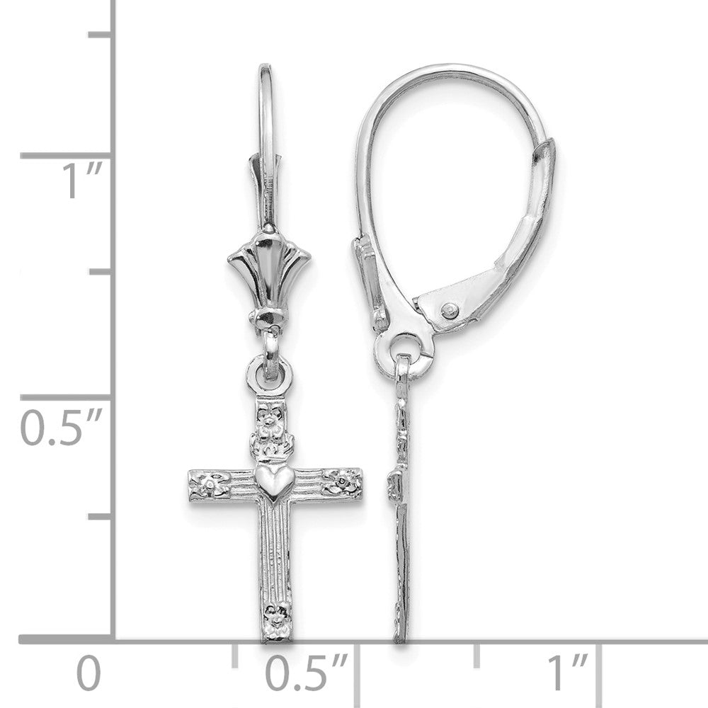 14K White Gold Mini Cross with Heart Leverback Earrings