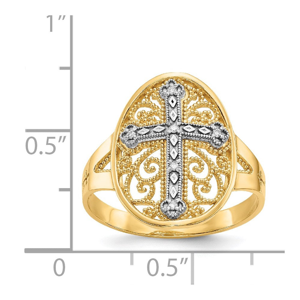 14k Yellow & White Gold Diamond Filigree Cross Ring