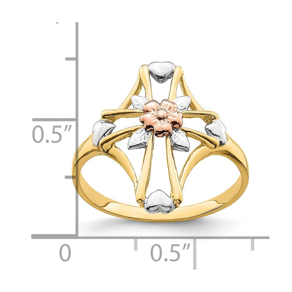 14K Two-tone W/White Rhodium Polished Cross w/Flower Ring