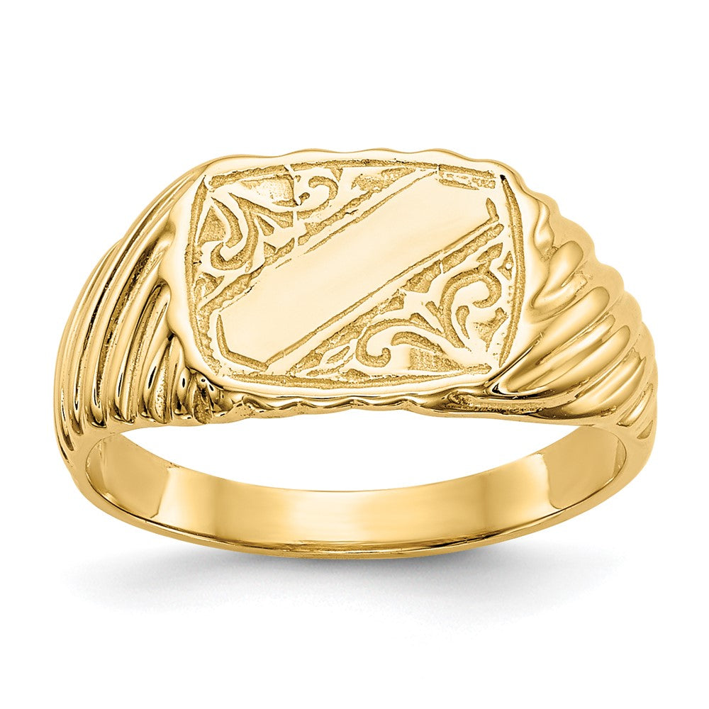 14K Gold Polished Baby Rectangle Signet w/Stripes Ring