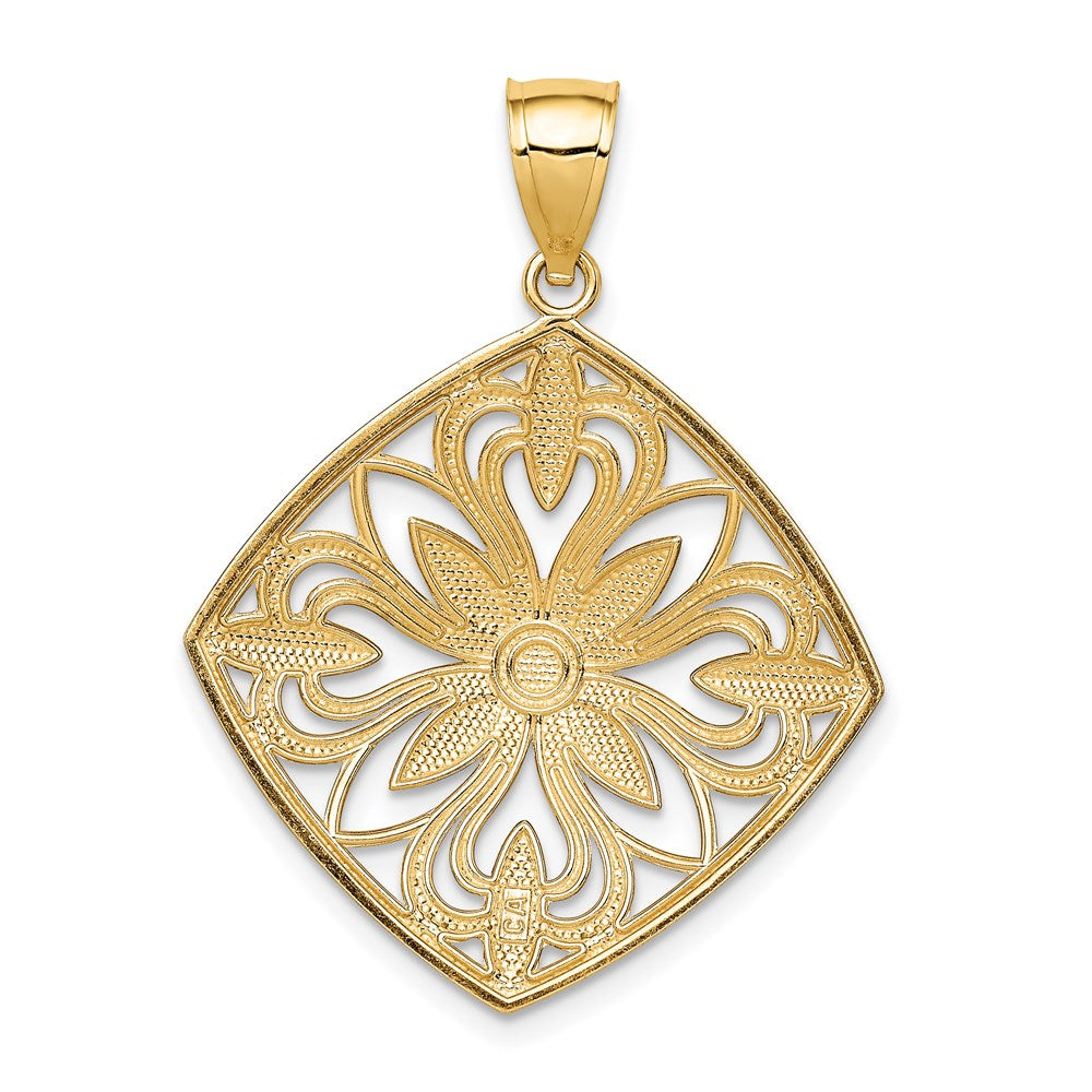 14k w/Rhodium Diamond-cut Polished Fancy Square Charm