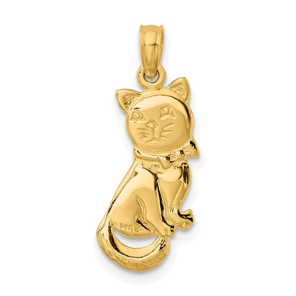 14K 3-D Polished and Bow Sitting Cat Charm