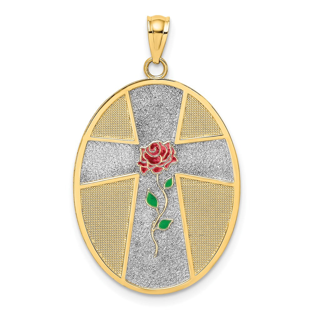 14K w/ Rhodium Enamel Rose Serenity Prayer Oval Disc Charm