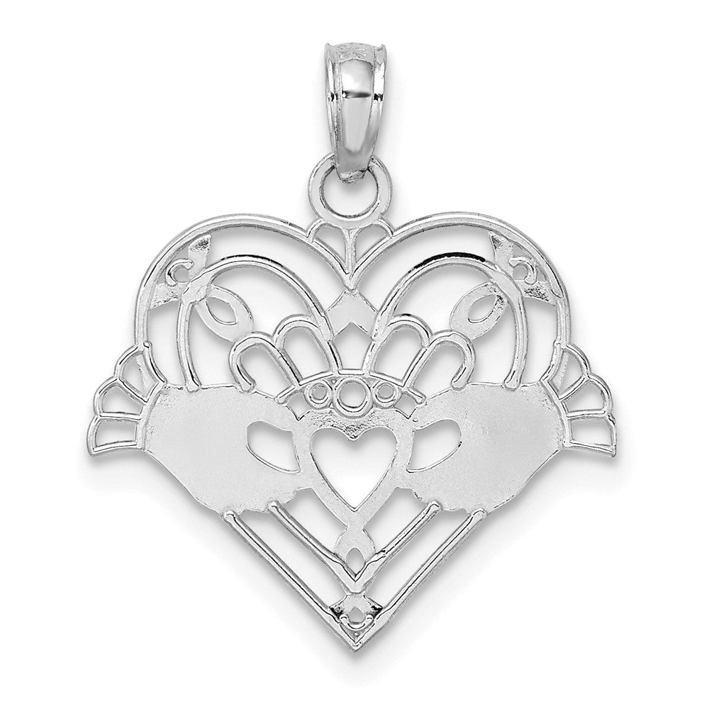 14K White Gold Polished and Beaded Claddagh In Heart Charm
