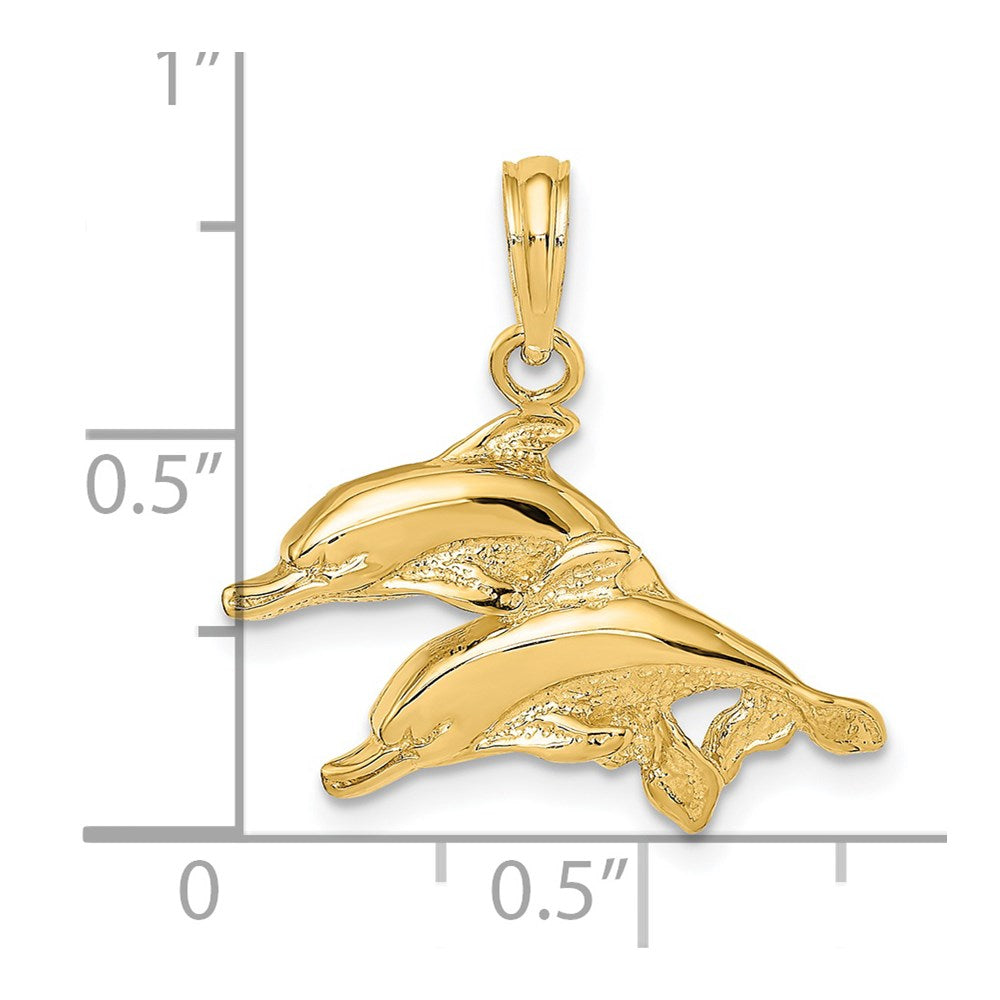 14K Polished and Textured Two Dolphins Charm