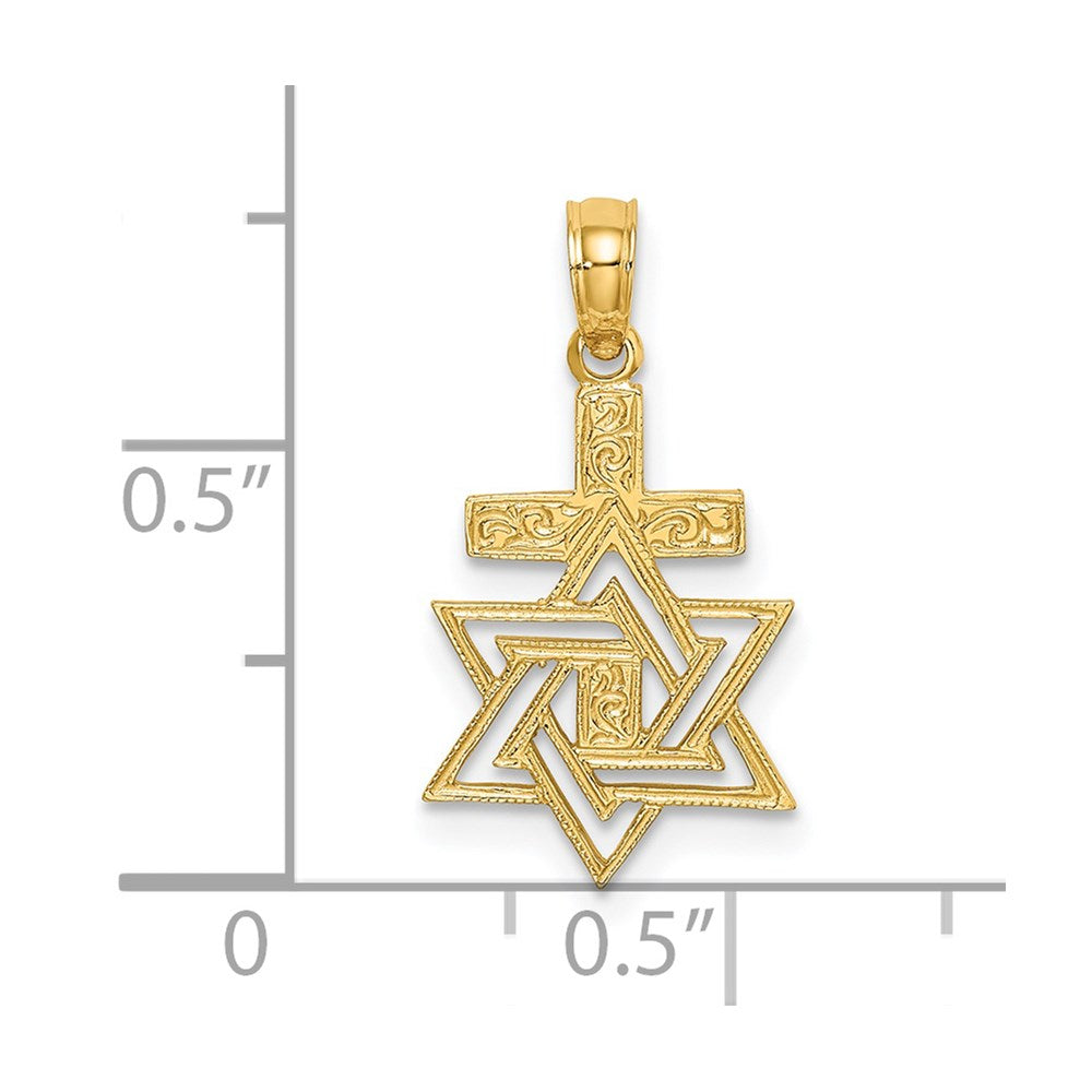 14K Polished / Engraved Star Of David and Cross Charm