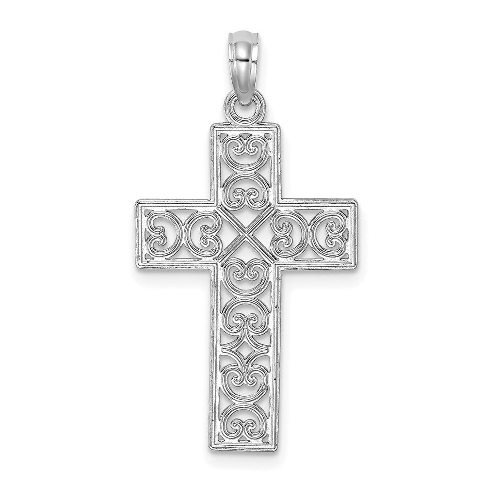 14K White Gold Polished Square Cross w/ Heart Design Charm
