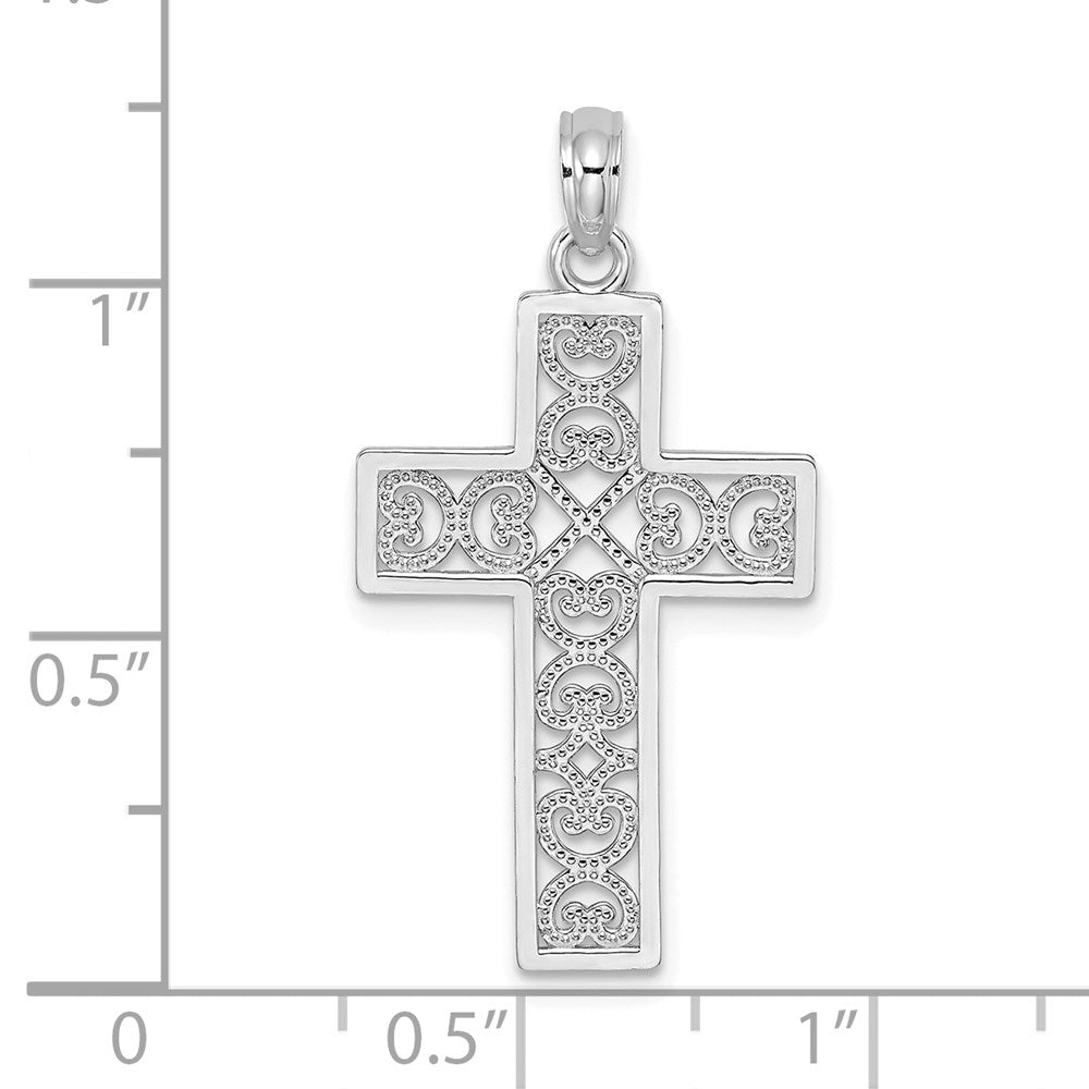 14K White Gold Polished Square Cross w/ Heart Design Charm