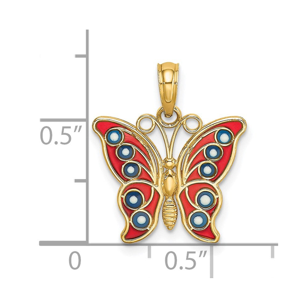 14K w/ Red and Blue Enamel Filigree Butterfly Charm