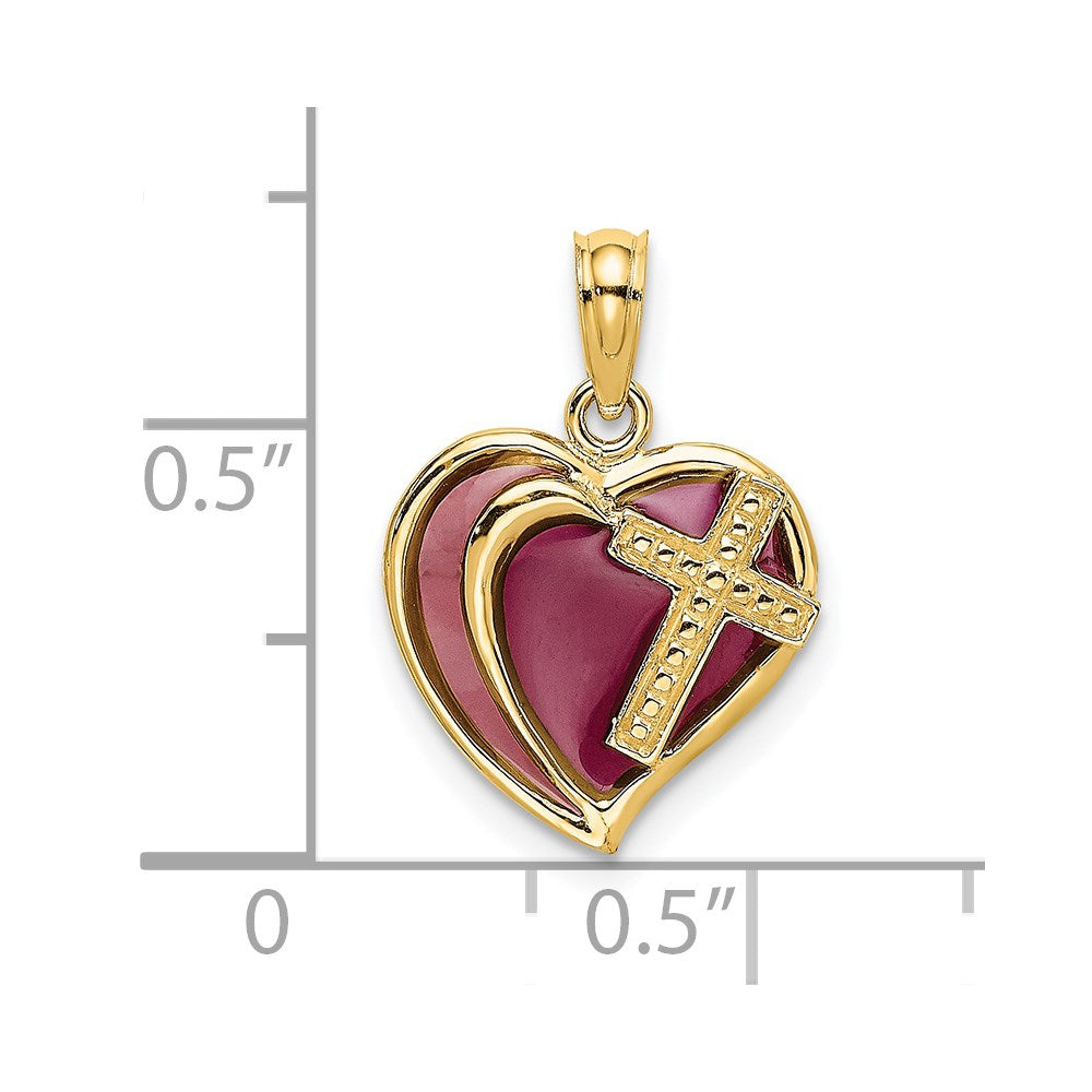 14K W/ Purple Enamel Cross Heart Charm
