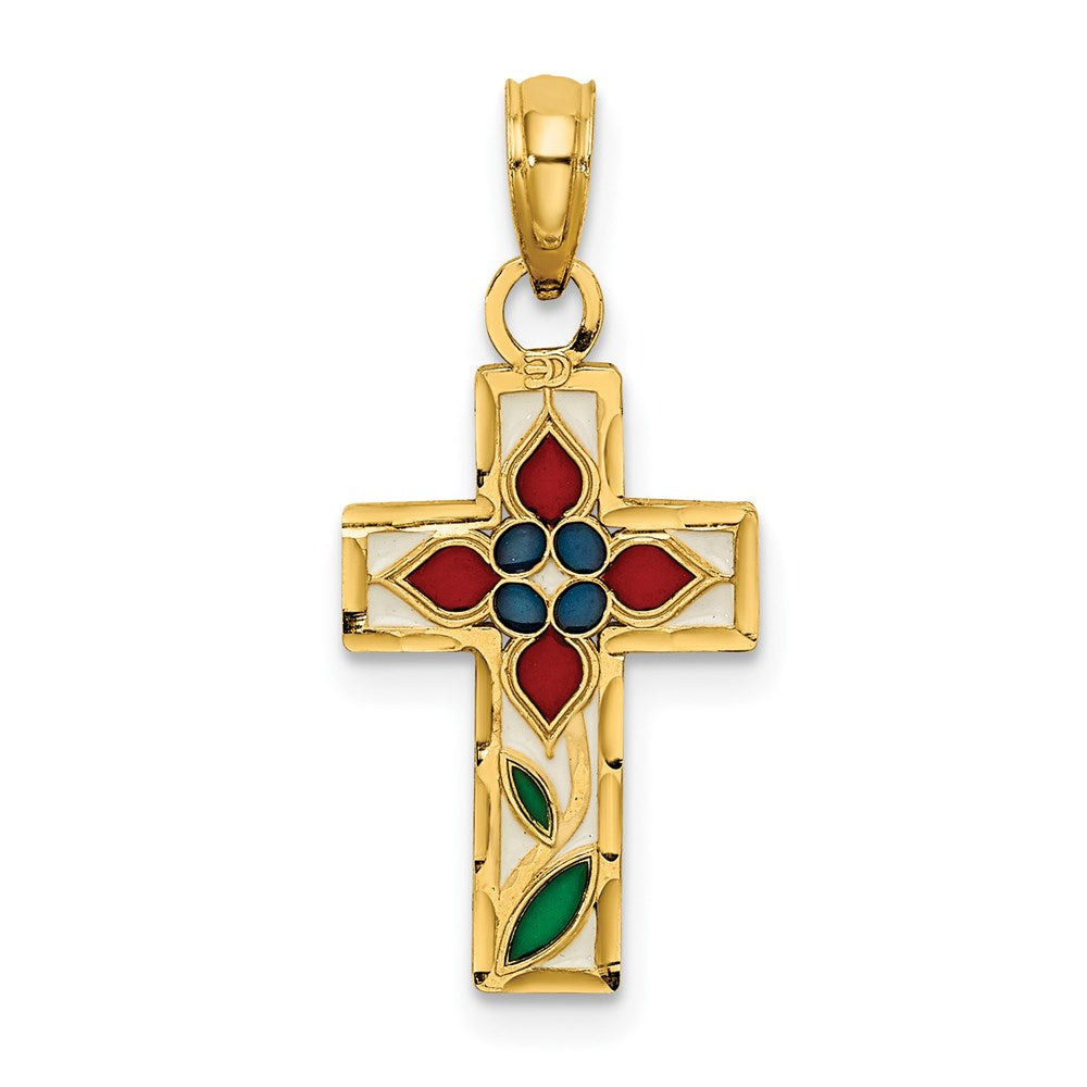 14K Enameled W/ Flower Cross Charm
