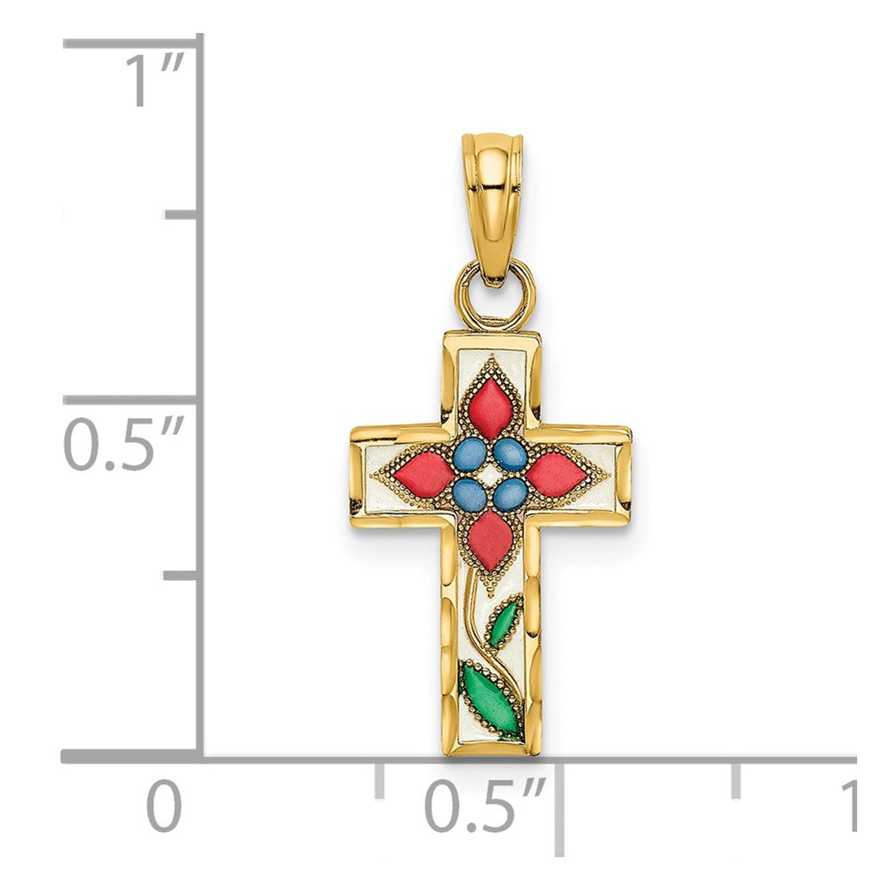 14K Enameled W/ Flower Cross Charm